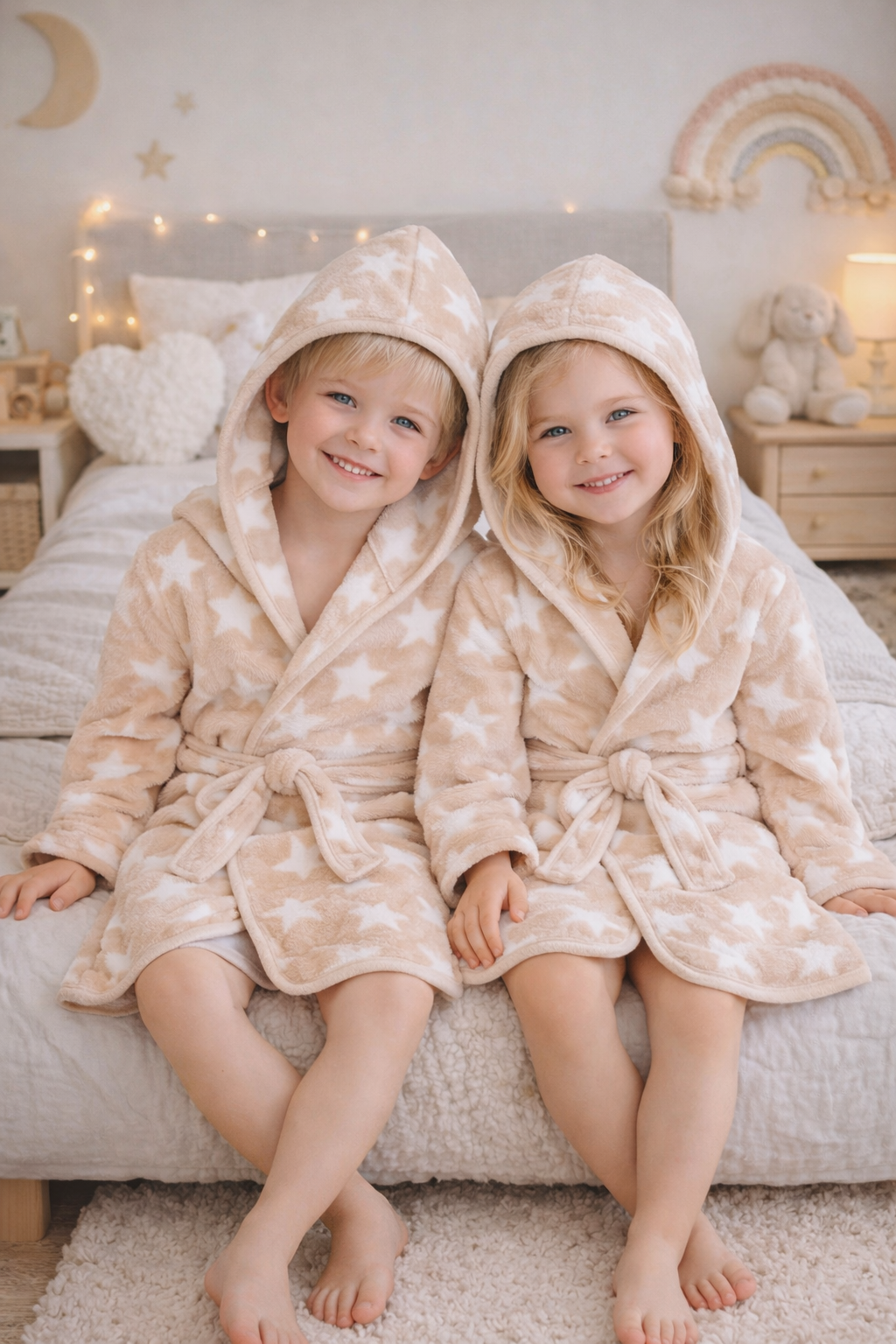 dwoje dzieci ubrane w polarowe szlafroki w kolorze beżowym z białymi gwiazdkami, z kapturem i paskiem do przewiązywania w pokoju dziecięcym